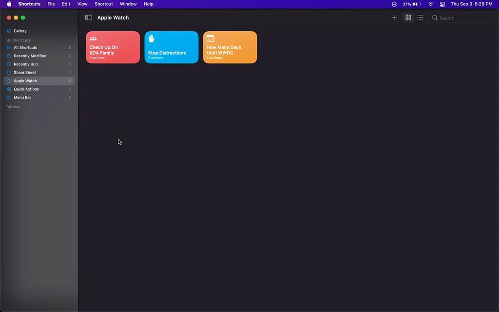 снимок экрана раздела Apple Watch в приложении ярлыков на MacOS