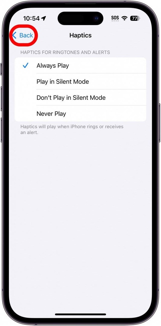 iPhone-haptiekinstellingen met de terugknop rood omcirkeld