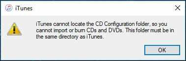 iTunes nevar atrast CD konfigurācijas mapes kļūdas ziņojumu.