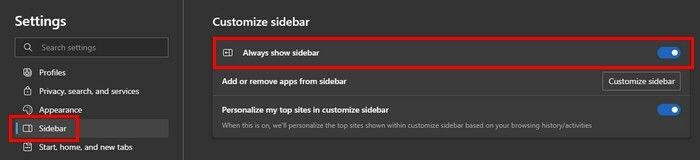 Selalu tampilkan opsi sidebar di Edge