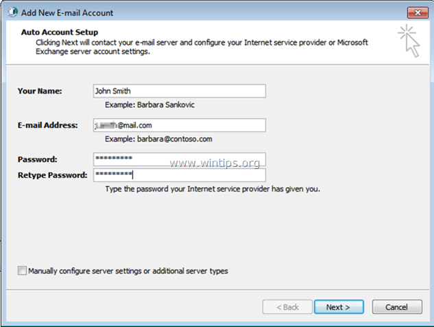 Outlook de configuration de compte de messagerie