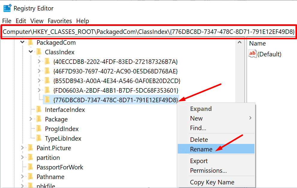 index de classe de l'éditeur de registre