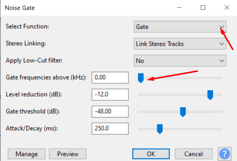 triukšmo vartų nustatymai audacity