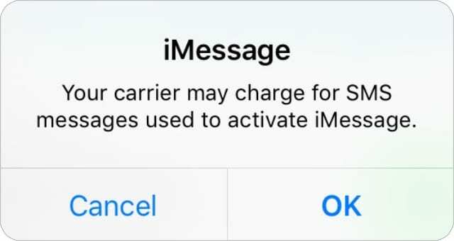 iMessage aktivering SMS advarsel fra iPhone