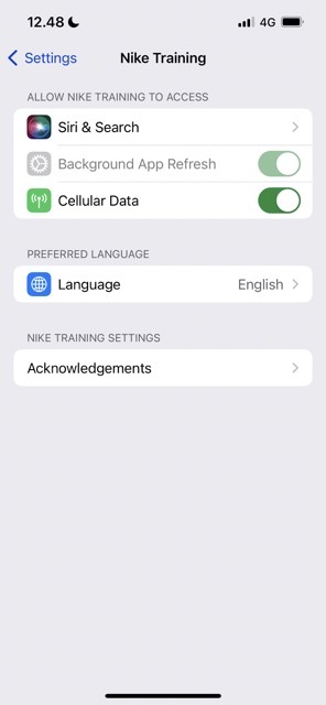Skjermbilde som viser innstillingene for Nike Training Club i iOS
