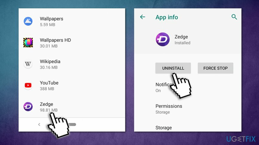 Удалите Zedge с Android