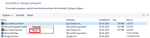 Desni klik na Epic Games Launcher in nato Repair it