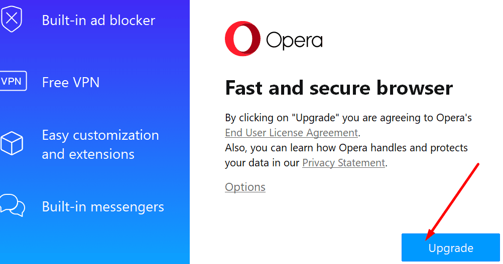 opera upgrade knop