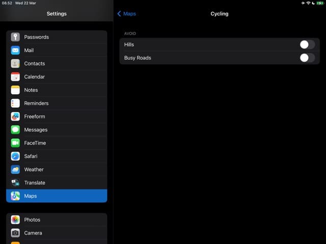पहाड़ियों और व्यस्त मार्गों से बचें आईपैड मैप्स स्क्रीनशॉट