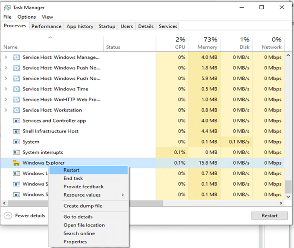 Atidarykite Task Manager ir spustelėkite mygtuką Paleisti iš naujo