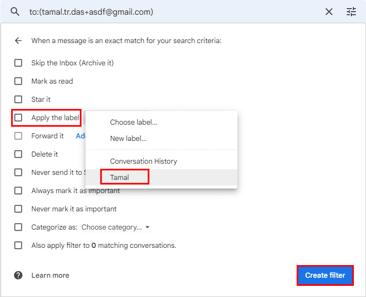 Gmail 별칭에서 수신 이메일을 필터링하려면 라벨을 선택하세요.