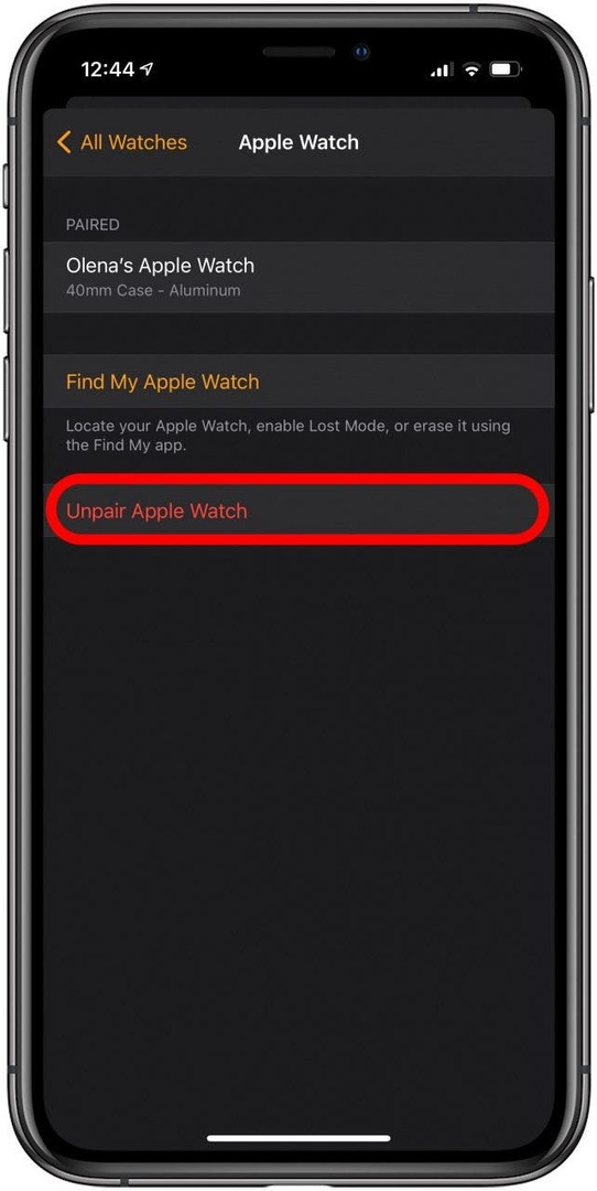 Klepnutím na Zrušiť párovanie Apple Watch zrušíte spárovanie s iPhone