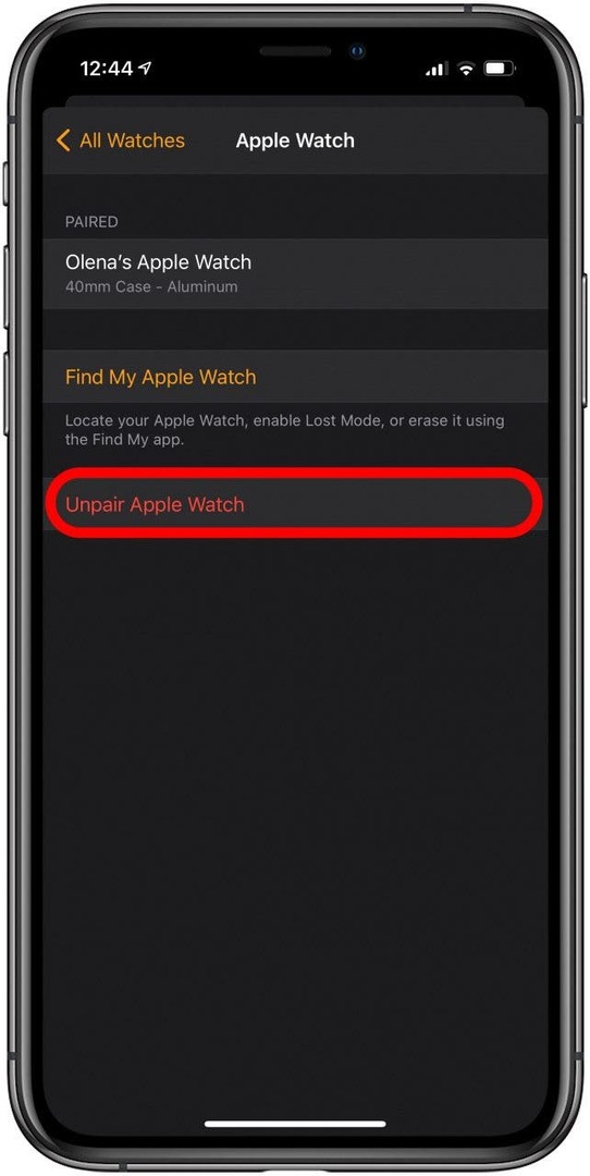 Appuyez sur Dissocier Apple Watch pour la dissocier de l'iPhone