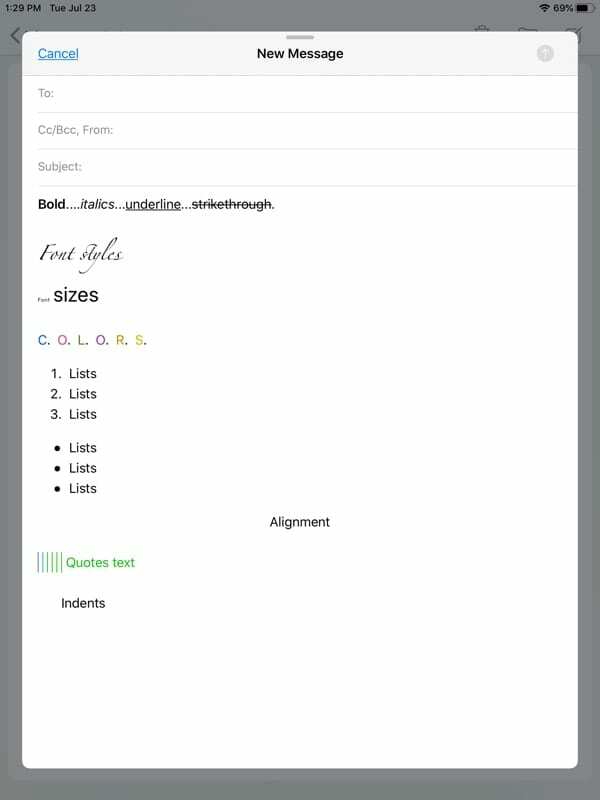 iPadOS'ta Mail'de metin biçimlendirme seçenekleri