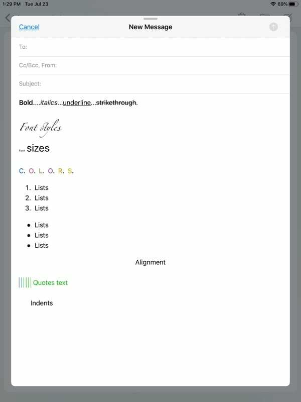 Opzioni di formattazione del testo in Mail su iPadOS