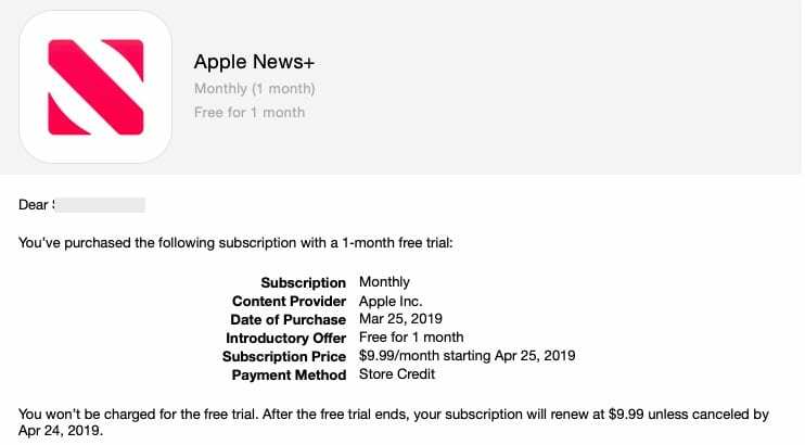 Apple News + Abonnementbestätigung