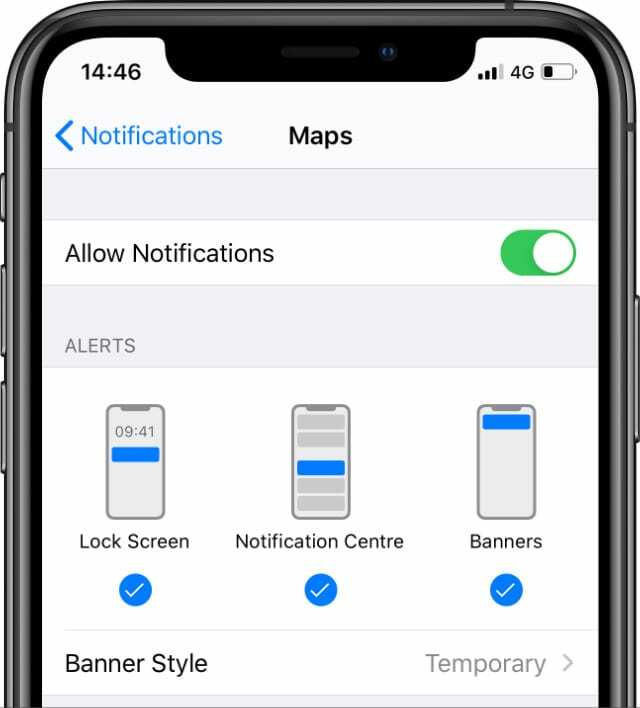 Mapsin ilmoitukset iOS-asetuksissa