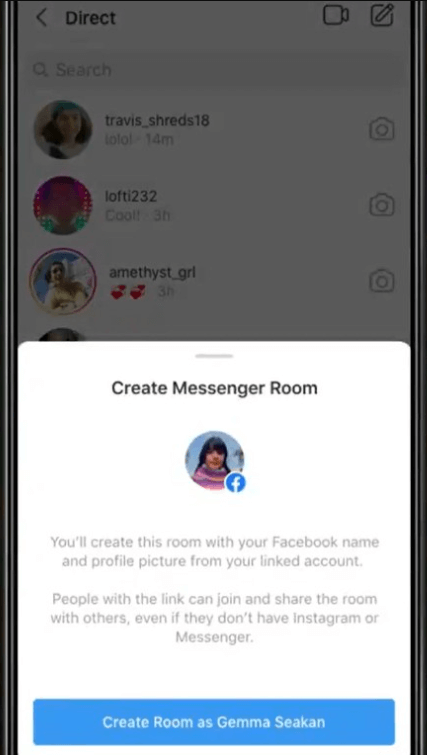 Sukurkite „Messenger“ kambarį iš „Instagram“.