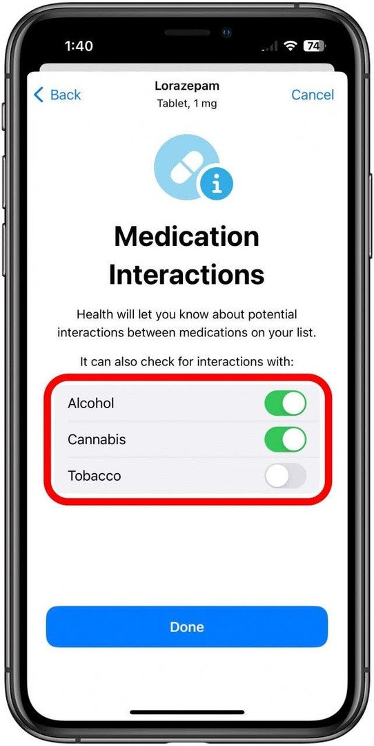 Zaslon Interakcija lijekova za dodavanje vašeg prvog lijeka, s označenim okvirom za sva tri prekidača.