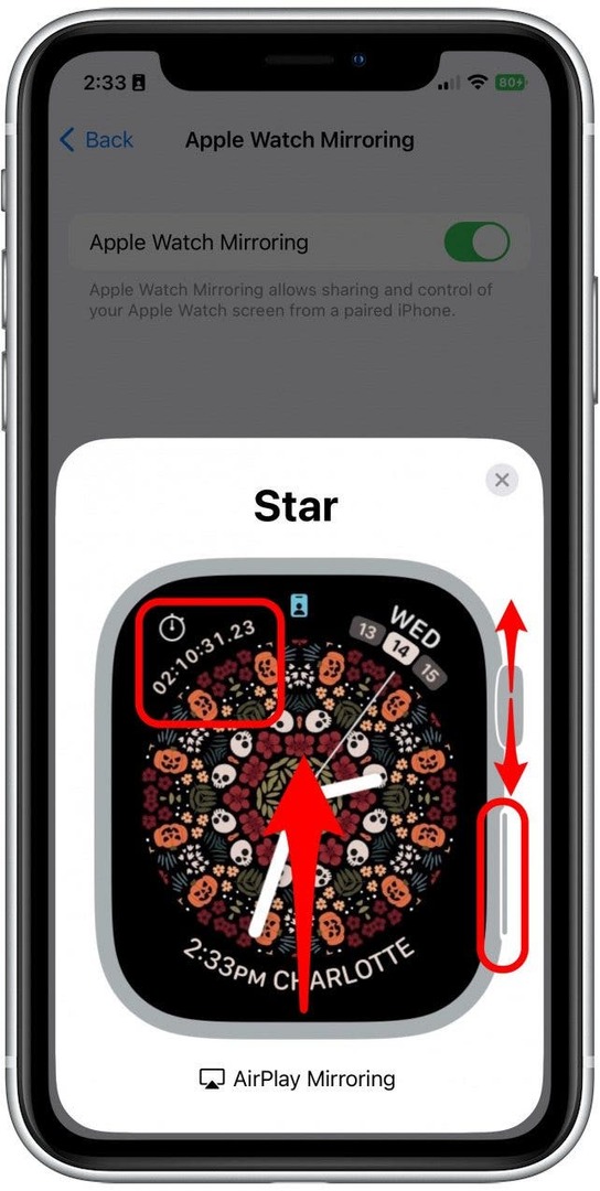Nu kunt u uw Apple Watch bedienen door op de afbeelding te tikken zoals u met de Apple Watch zou doen. U kunt ook op de kroon en de zijknop drukken en uw vinger op en neer over de kroon slepen om te bladeren.