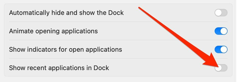 Screenshot di come attivare la funzione per le applicazioni recenti nel Dock su Mac