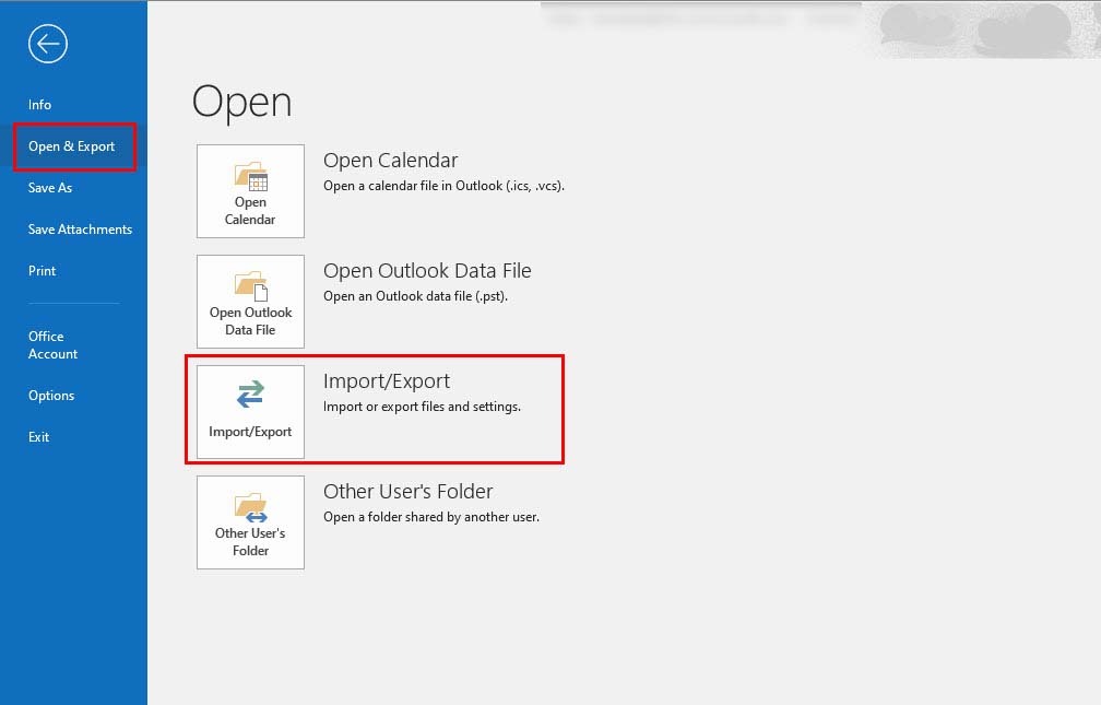 Microsoft Outlook 앱의 가져오기 및 내보내기 메뉴