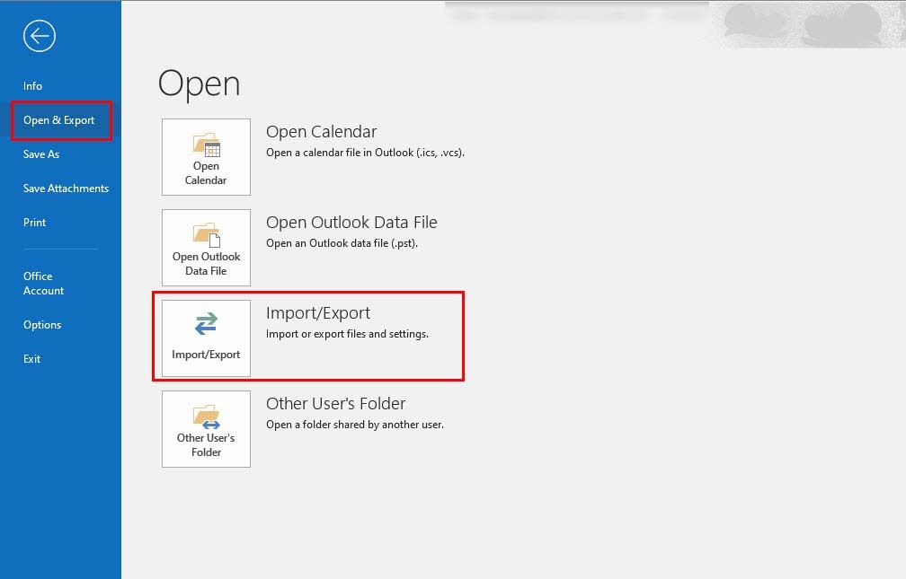 O menu de importação e exportação do aplicativo Microsoft Outlook