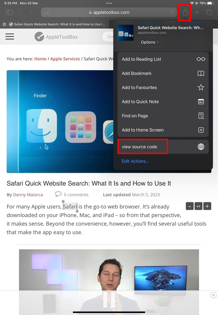 Lihat pintasan kode sumber pada lembar berbagi di Safari