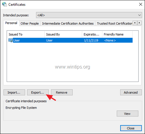 exportar certificado de clave de descifrado efs