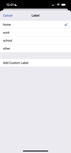 Ekrano kopija, kurioje rodomas etiketės langas sistemoje „iOS“.