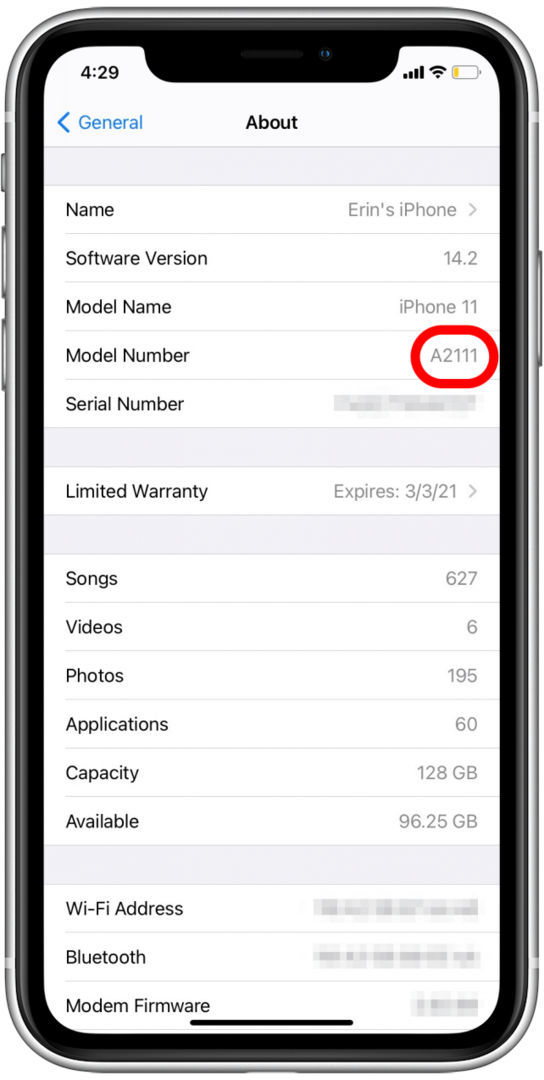 Nomor yang diformat A#### adalah nomor model iPhone Anda