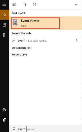 Logu meklēšanas lodziņā ierakstiet Event Viewer