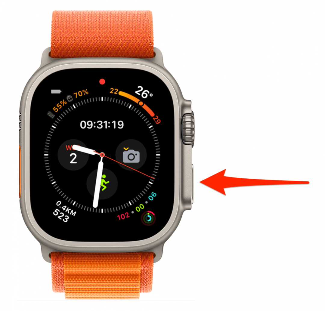 Állítsa alaphelyzetbe az Apple Watch-ot az oldalsó gomb megnyomásával és lenyomva tartásával, amíg meg nem jelenik a menü a kikapcsoló gombbal.