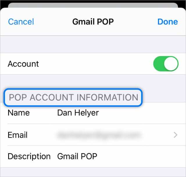 POP el. pašto paskyra iPhone nustatymuose