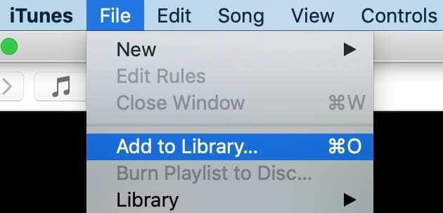 „iTunes“ parinktis „Pridėti prie bibliotekos“.