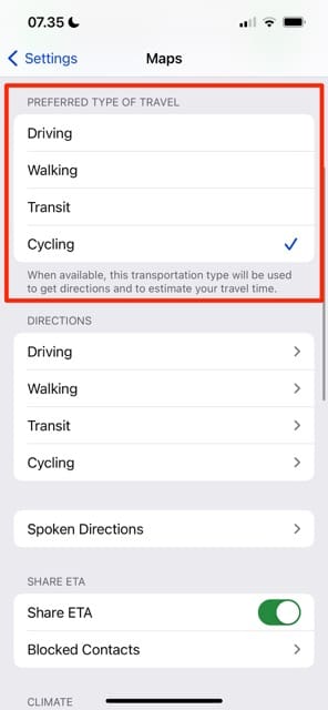 Snímka obrazovky pre preferovaný režim cestovania pre iPhone