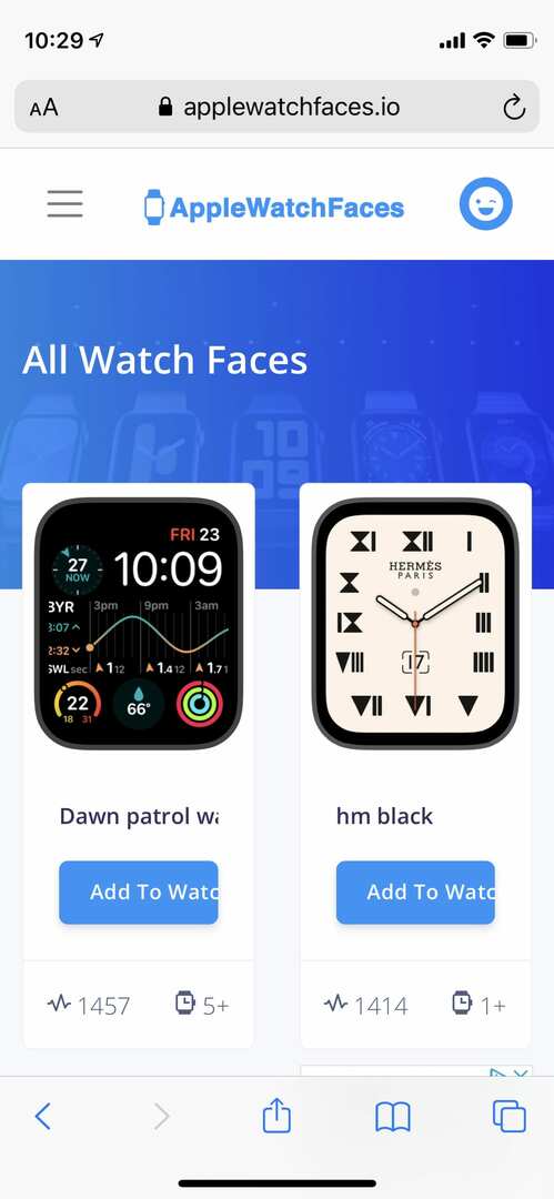 AppleWatchFaces.io kezdőlap.