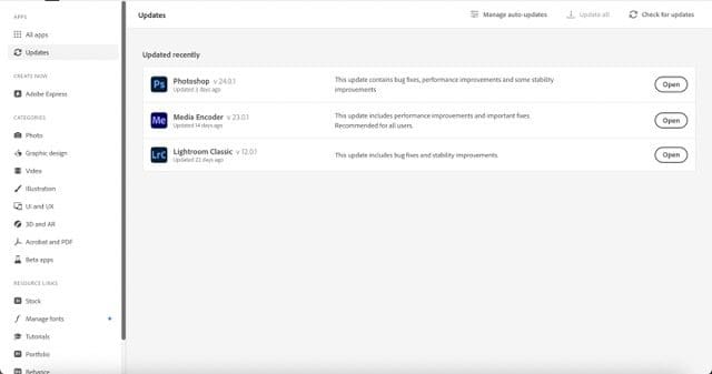 captura de pantalla que muestra cómo actualizar aplicaciones en Adobe CC