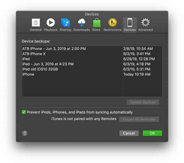 Geräte-Backups in iTunes über die Optionen des Einstellungsmenüs