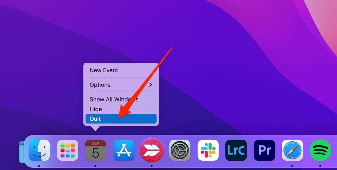 لقطة شاشة توضح كيفية إنهاء تطبيق على جهاز Mac