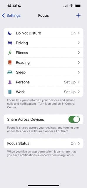 Captura de pantalla que muestra los diferentes modos en iOS