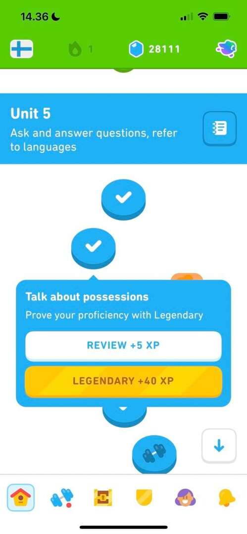 სკრინშოტი აჩვენებს, თუ როგორ უნდა დაიწყოს ლეგენდარული გაკვეთილი Duolingo-ში