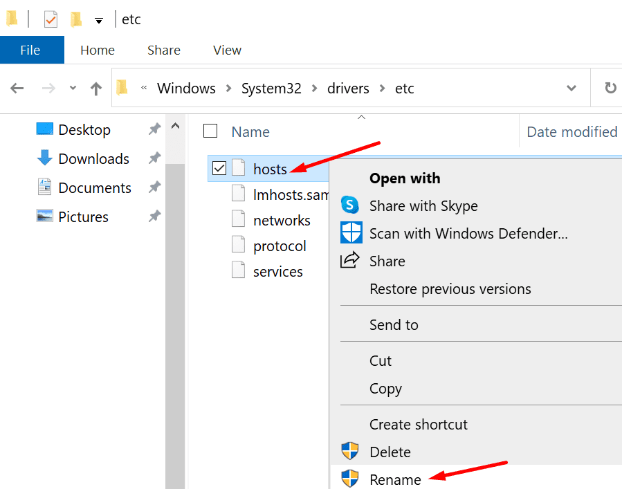 переименовать файл хостов Windows 10