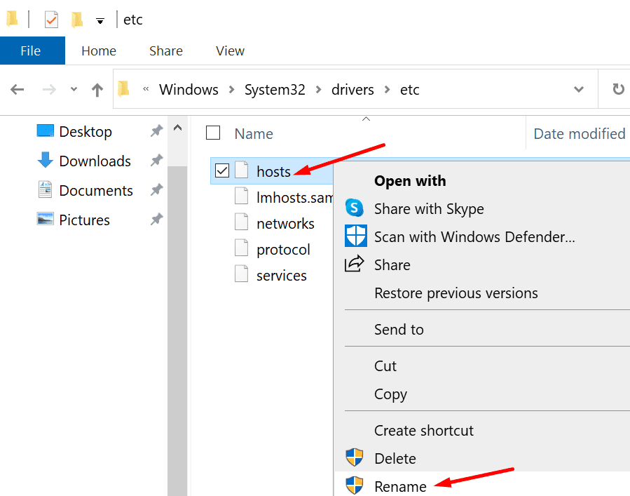 cambiar el nombre del archivo de hosts de Windows 10