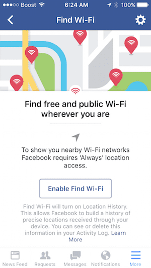 Iespējojiet Facebook atrašanu Wi-Fi iPhone tālrunī