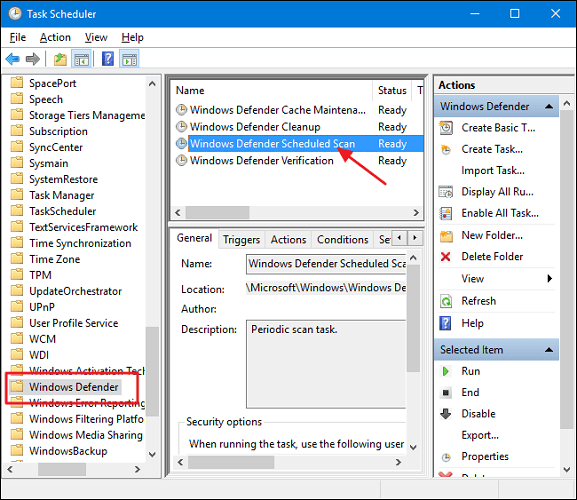 Windows Defender 예약 검사를 두 번 클릭하십시오.