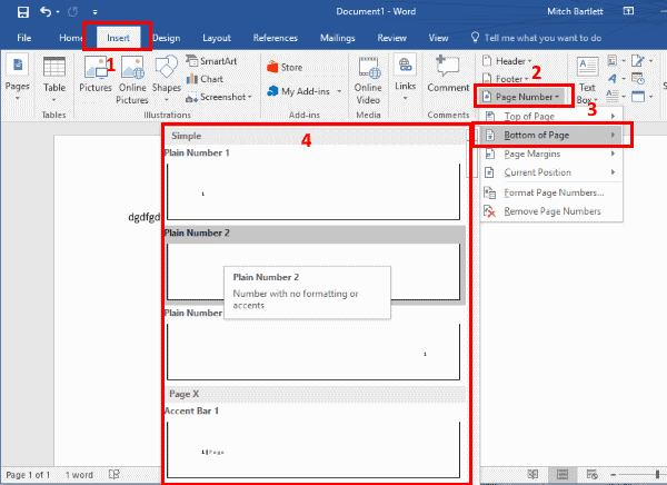 Številke strani v programu Word 2016