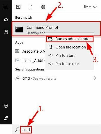 พิมพ์ cmd ใน Start Menu Search Bar