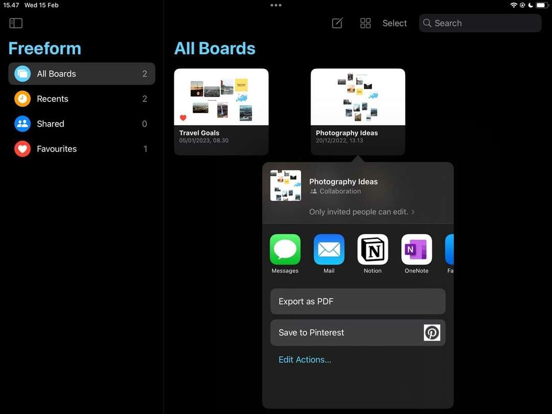 אפשרויות שיתוף עבור אחרים צילום מסך של iPad Freeform