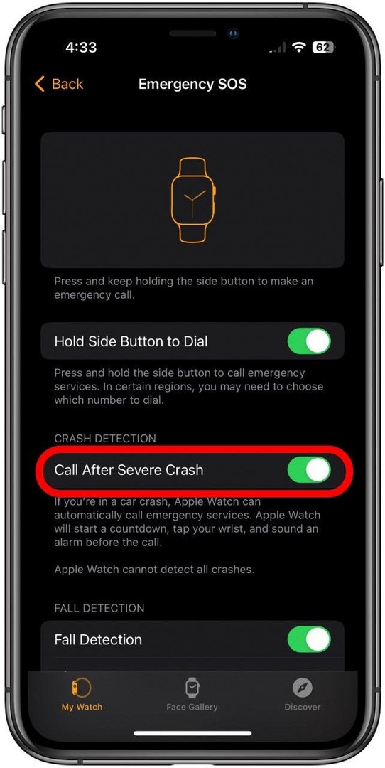 vaihda puhelu vakavan auto-onnettomuuden jälkeen Apple Watch auto-onnettomuuden havaitsemisen jälkeen